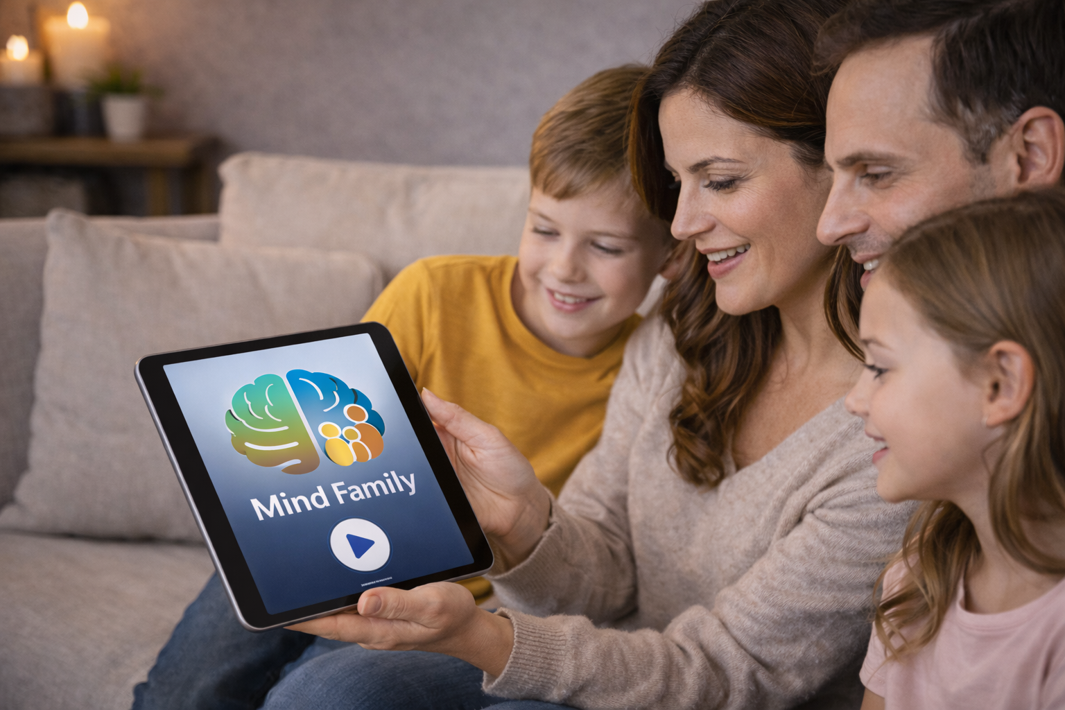 Família usando o app Mind Family em um tablet